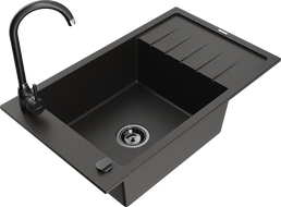 Mexen Elias granite kitchen sink 1-bowl with drainer and Telma kitchen tap, black/gold - 6511-75-670200-70-B