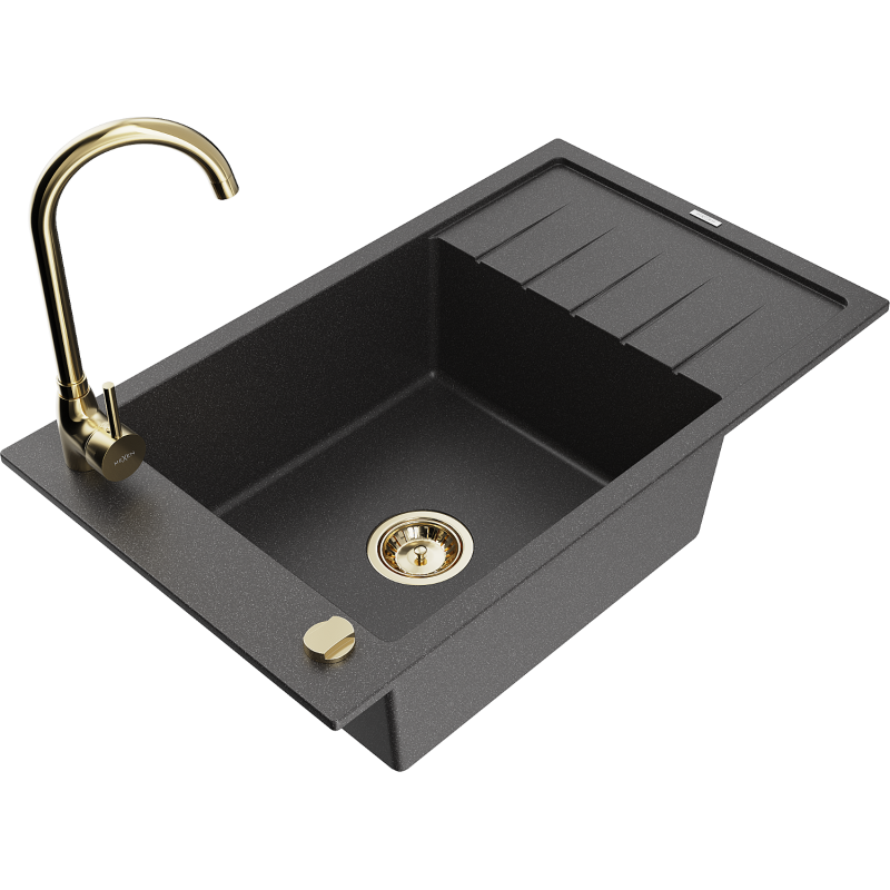 Mexen Elias 1-bowl granite sink with drainer and Telma kitchen tap, black speckled - 6511-76-670200-50