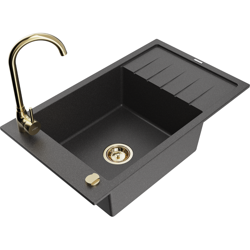 Mexen Elias 1-compartment granite sink with a drip tray and kitchen mixer tap Telma, spotted black - 6511-76-670200-50