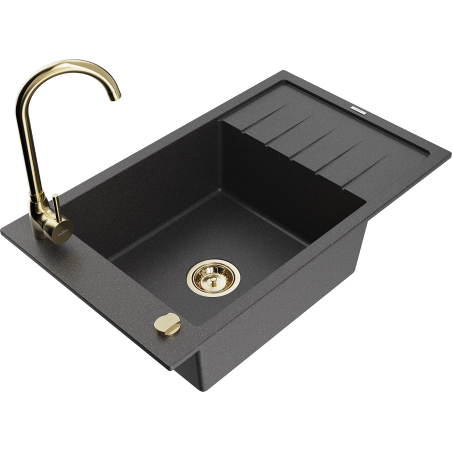 Mexen Elias 1-bowl granite sink with drainer and Telma kitchen faucet, speckled black - 6511-76-670200-50