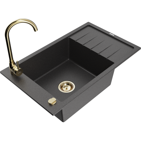 Mexen Elias granite kitchen sink 1-bowl with drainer and kitchen faucet Telma, black speckled - 6511-76-670200-50