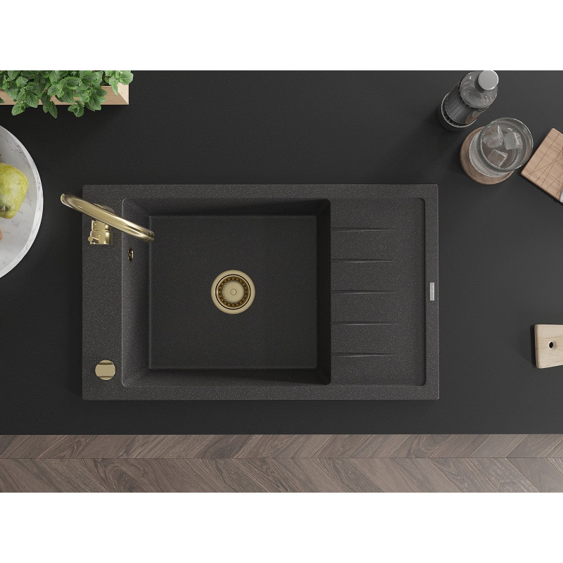 Mexen Elias granite kitchen sink 1-bowl with drainer and kitchen faucet Telma, black speckled - 6511-76-670200-50