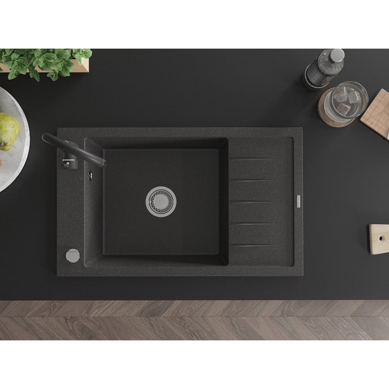 Mexen Elias granite kitchen sink with 1 compartment, drainer, and Telma kitchen faucet, black speckled - 6511-76-670200-70