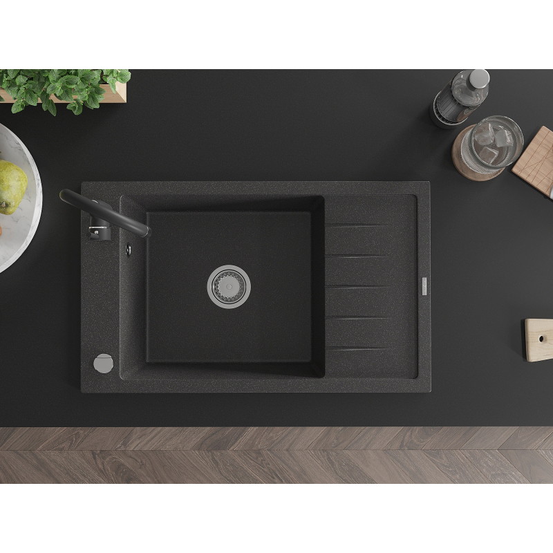 Mexen Elias granite sink, single basin with drainer and Telma kitchen tap, speckled black - 6511-76-670200-70