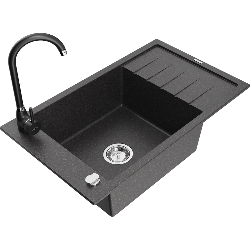 Mexen Elias 1-compartment granite sink with a drip tray and kitchen mixer tap Telma, spotted black - 6511-76-670200-70