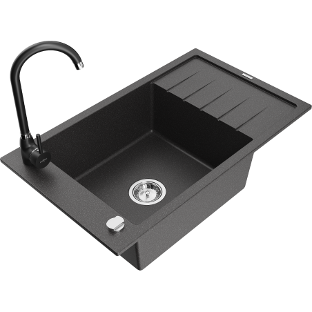 Mexen Elias granite kitchen sink with 1 compartment, drainer, and Telma kitchen faucet, black speckled - 6511-76-670200-70