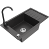 Mexen Elias granite sink, single basin with drainer and Telma kitchen tap, speckled black - 6511-76-670200-70