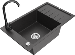 Mexen Elias granite sink, single basin with drainer and Telma kitchen tap, speckled black - 6511-76-670200-70