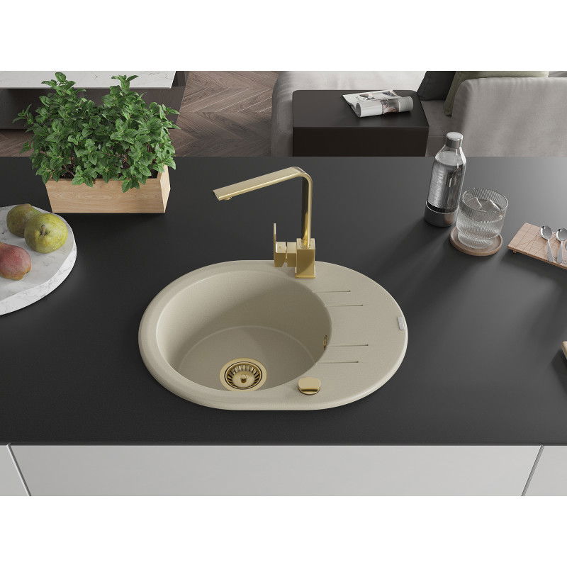 Mexen Kevin granite kitchen sink 1-bowl with drainer and Rita kitchen tap, beige - 6517-69-670300-50