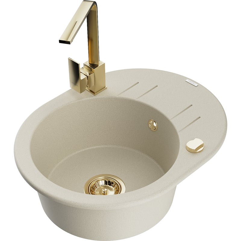 Mexen Kevin granite kitchen sink 1-bowl with drainer and Rita kitchen faucet, beige - 6517-69-670300-50