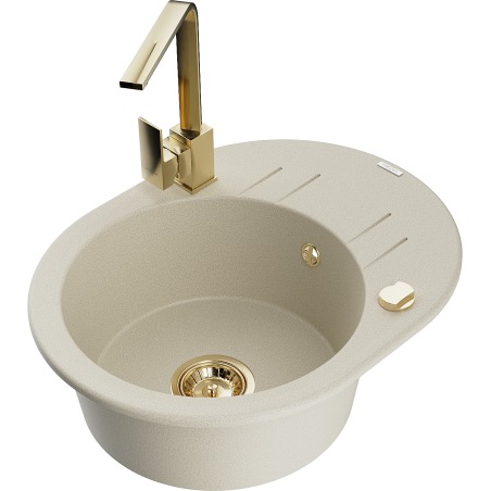 Mexen Kevin granite kitchen sink 1-bowl with drainer and Rita kitchen faucet, beige - 6517-69-670300-50