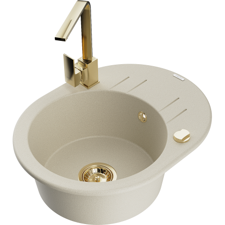 Mexen Kevin granite kitchen sink 1-bowl with drainer and Rita kitchen tap, beige - 6517-69-670300-50