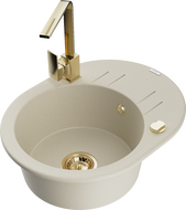 Mexen Kevin granite kitchen sink 1-bowl with drainer and Rita kitchen faucet, beige - 6517-69-670300-50