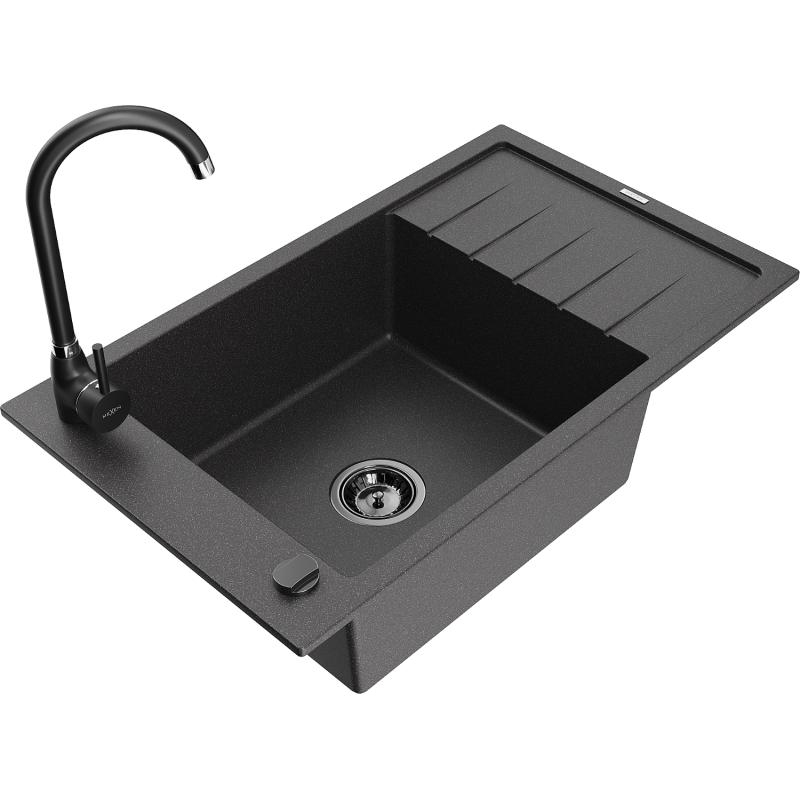 Mexen Elias 1-compartment granite sink with a drip tray and kitchen mixer tap Telma, spotted black - 6511-76-670200-70-B