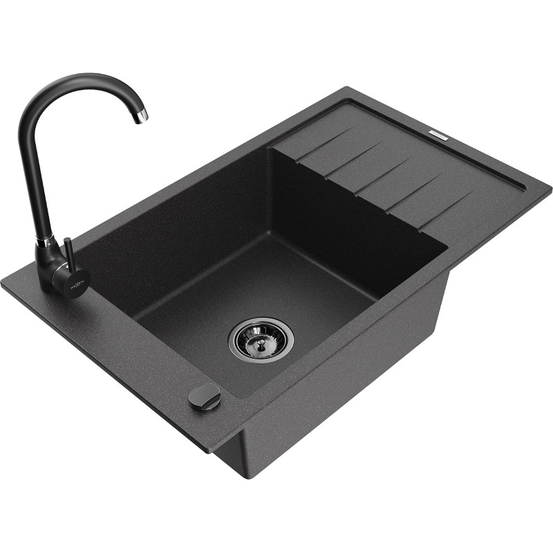 Mexen Elias granite sink 1-bowl with drainer and kitchen faucet Telma, black speckled - 6511-76-670200-70-B