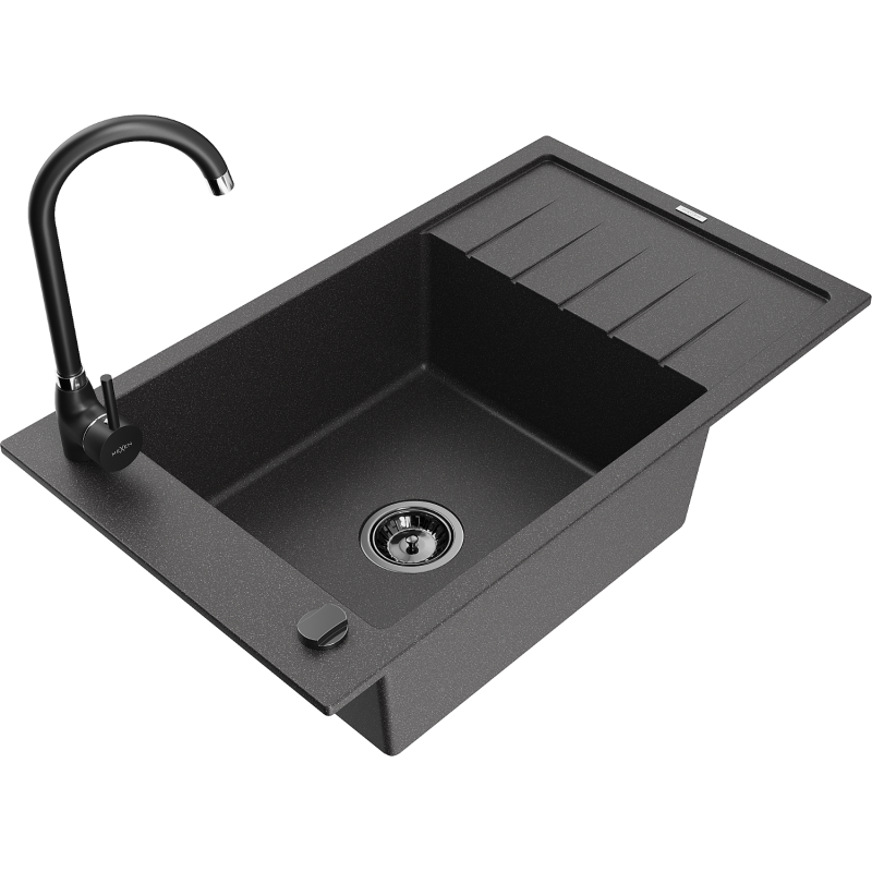 Mexen Elias granite sink 1-bowl with drainer and Telma kitchen tap, speckled black - 6511-76-670200-70-B