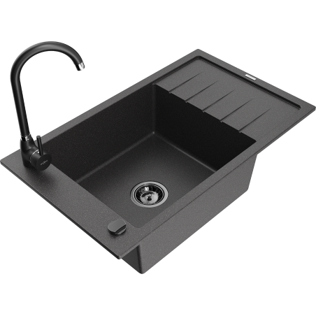 Mexen Elias granite sink 1-bowl with drainer and Telma kitchen faucet, speckled black - 6511-76-670200-70-B