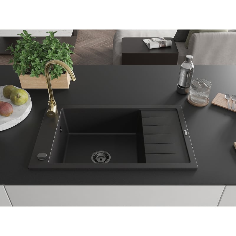 Mexen Elias granite sink 1-bowl with drainer and Telma kitchen faucet, black - 6511-77-670200-50-B