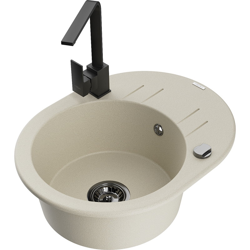 Mexen Kevin 1-bowl granite sink with drainer and kitchen faucet Rita, beige - 6517-69-670300-70