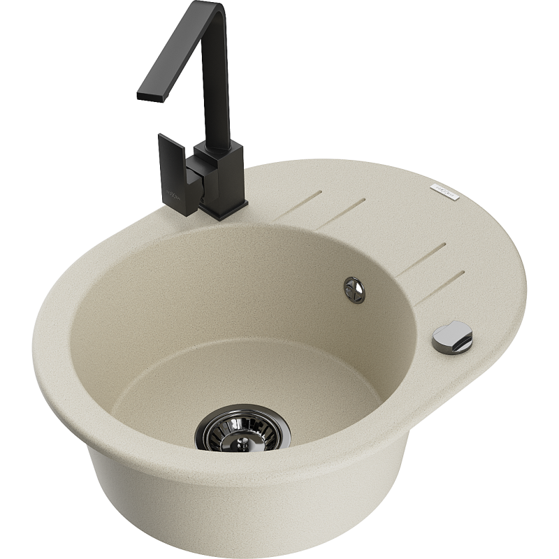 Mexen Kevin 1-compartment granite sink with a drip tray and kitchen mixer tap Rita, Beige - 6517-69-670300-70