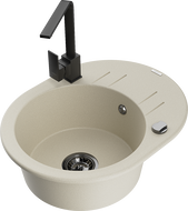 Mexen Kevin 1-compartment granite sink with a drip tray and kitchen mixer tap Rita, Beige - 6517-69-670300-70