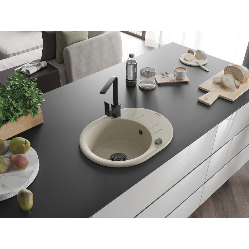 Mexen Kevin granite single-bowl sink with drainer and Rita kitchen faucet, beige - 6517-69-670300-70