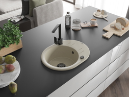 Mexen Kevin 1-bowl granite sink with drainer and kitchen faucet Rita, beige - 6517-69-670300-70