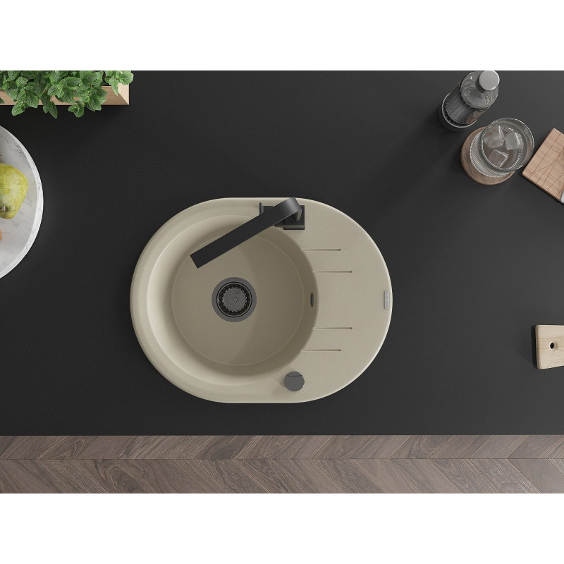 Mexen Kevin 1-bowl granite sink with drainer and kitchen faucet Rita, beige - 6517-69-670300-70