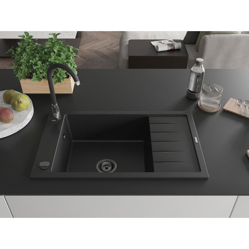 Mexen Elias granite sink single-bowl with drainer and Telma kitchen tap, black - 6511-77-670200-70-B