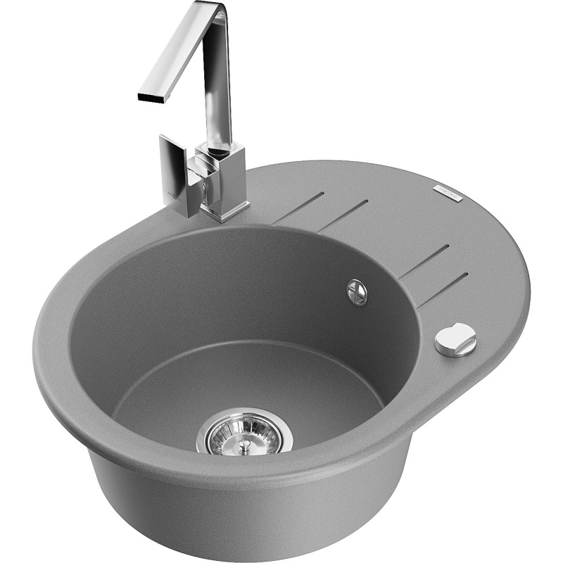 Mexen Kevin 1-bowl granite sink with drainer and kitchen faucet Rita, gray - 6517-71-670300-00