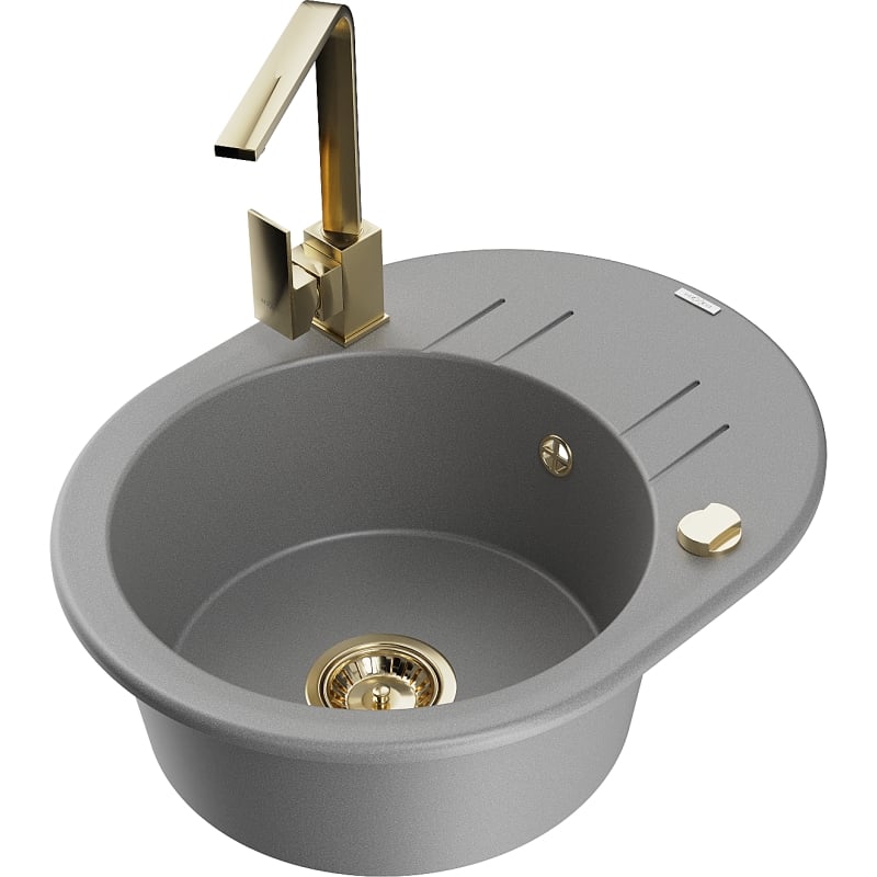 Mexen Kevin granite kitchen sink 1-bowl with drainer and kitchen faucet Rita, gray - 6517-71-670300-50
