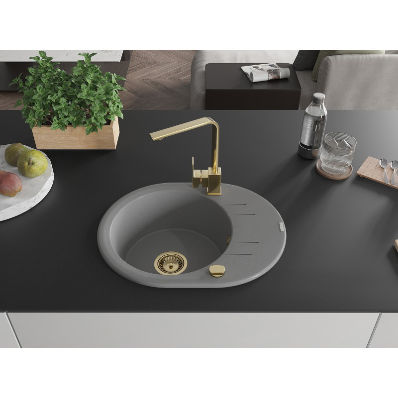 Mexen Kevin granite kitchen sink 1-bowl with drainer and kitchen faucet Rita, gray - 6517-71-670300-50