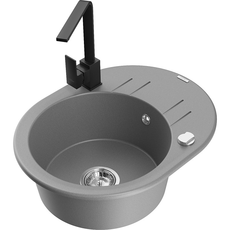 Mexen Kevin granite kitchen sink 1-bowl with drainer and kitchen faucet Rita, gray - 6517-71-670300-70