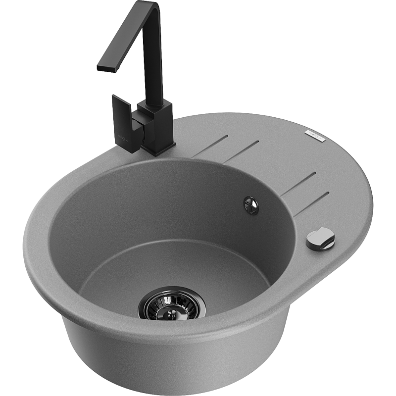 Mexen Kevin granite kitchen sink 1-bowl with drainer and Rita kitchen tap, grey - 6517-71-670300-70-B