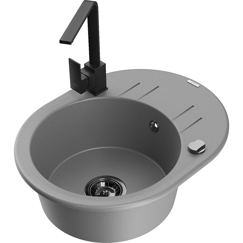 Mexen Kevin granite kitchen sink with 1 bowl, drainer, and kitchen faucet Rita, gray - 6517-71-670300-70-B