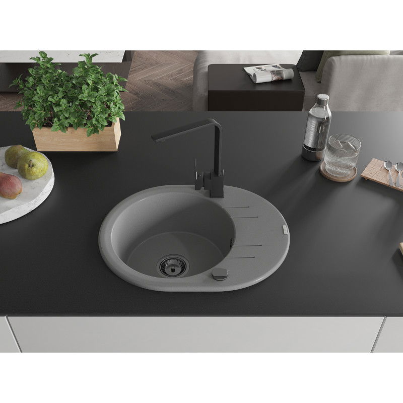 Mexen Kevin granite kitchen sink 1-bowl with drainer and Rita kitchen tap, grey - 6517-71-670300-70-B