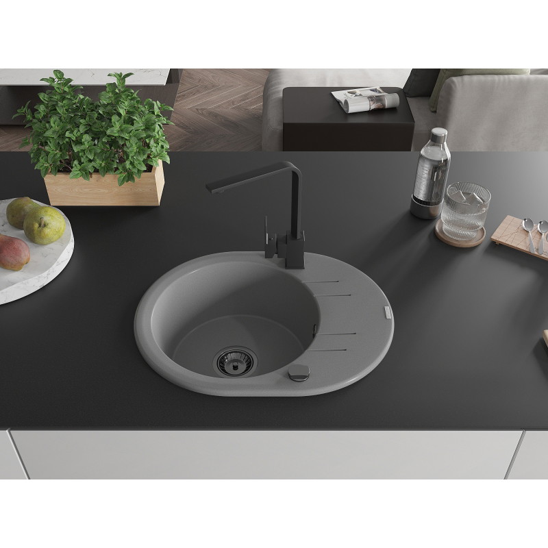 Mexen Kevin granite kitchen sink with 1 bowl, drainer, and kitchen faucet Rita, gray - 6517-71-670300-70-B