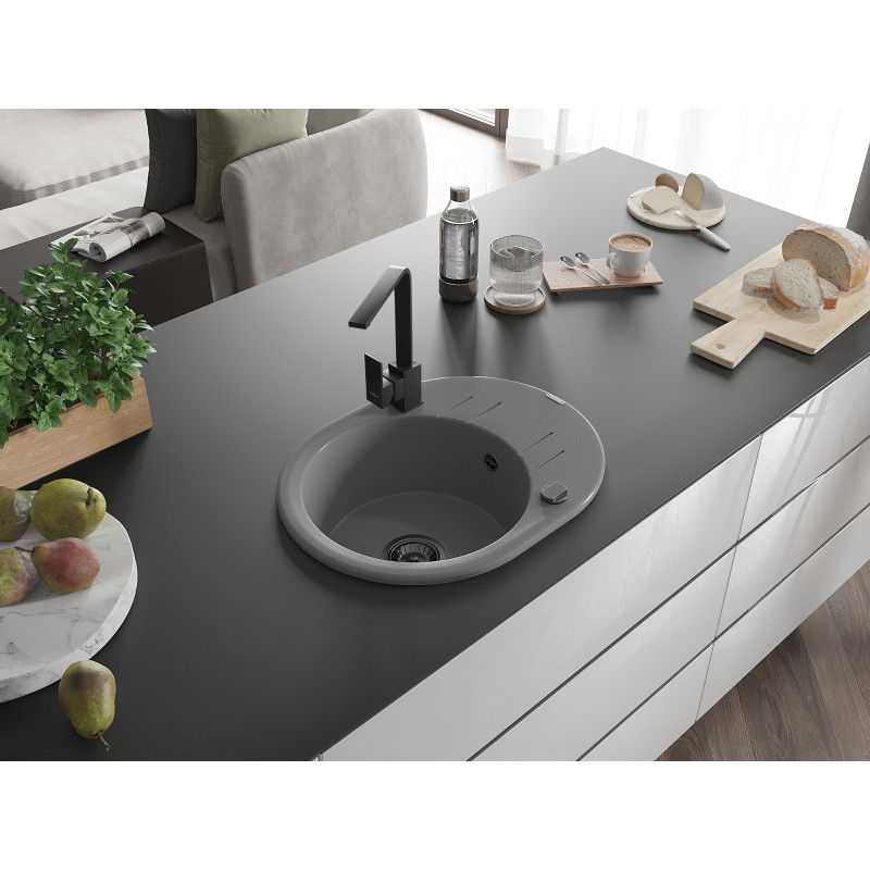 Mexen Kevin granite kitchen sink 1-bowl with drainer and Rita kitchen tap, grey - 6517-71-670300-70-B