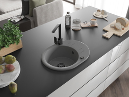 Mexen Kevin granite kitchen sink with 1 bowl, drainer, and kitchen faucet Rita, gray - 6517-71-670300-70-B