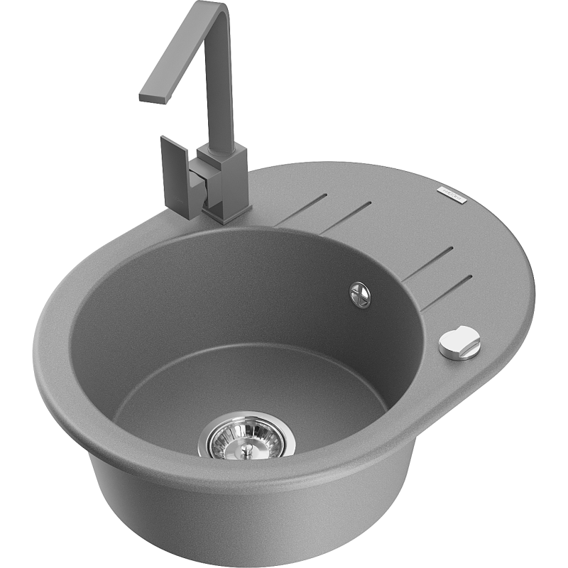 Mexen Kevin 1-bowl granite sink with drainer and Rita kitchen tap, grey - 6517-71-670300-71