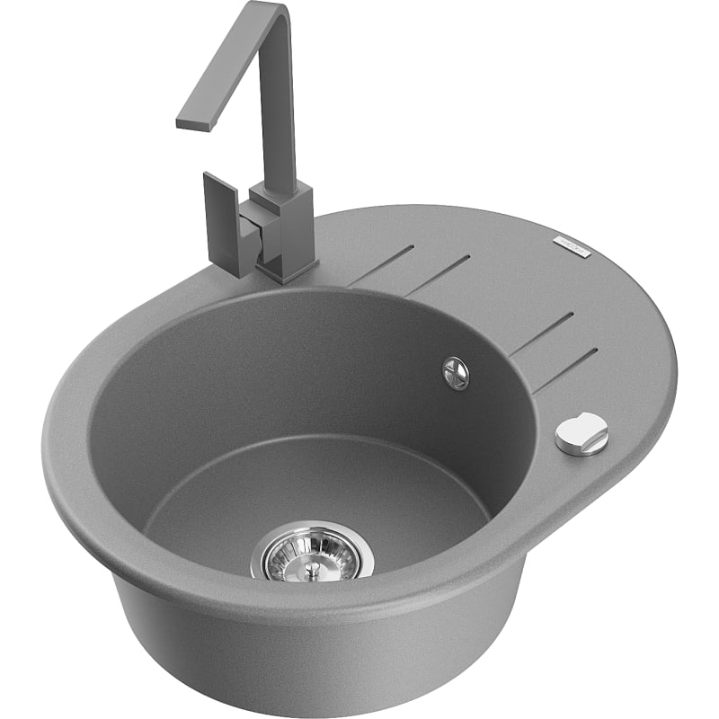 Mexen Kevin single-bowl granite sink with drainer and Rita kitchen faucet, gray - 6517-71-670300-71
