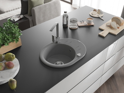 Mexen Kevin single-bowl granite sink with drainer and Rita kitchen faucet, gray - 6517-71-670300-71