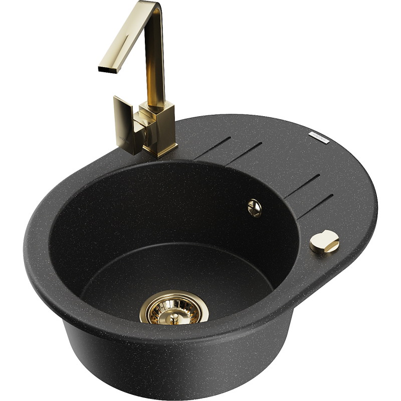 Mexen Kevin 1-bowl Granite Sink with Drainer and Kitchen Faucet Rita, Black/Silver - 6517-73-670300-50