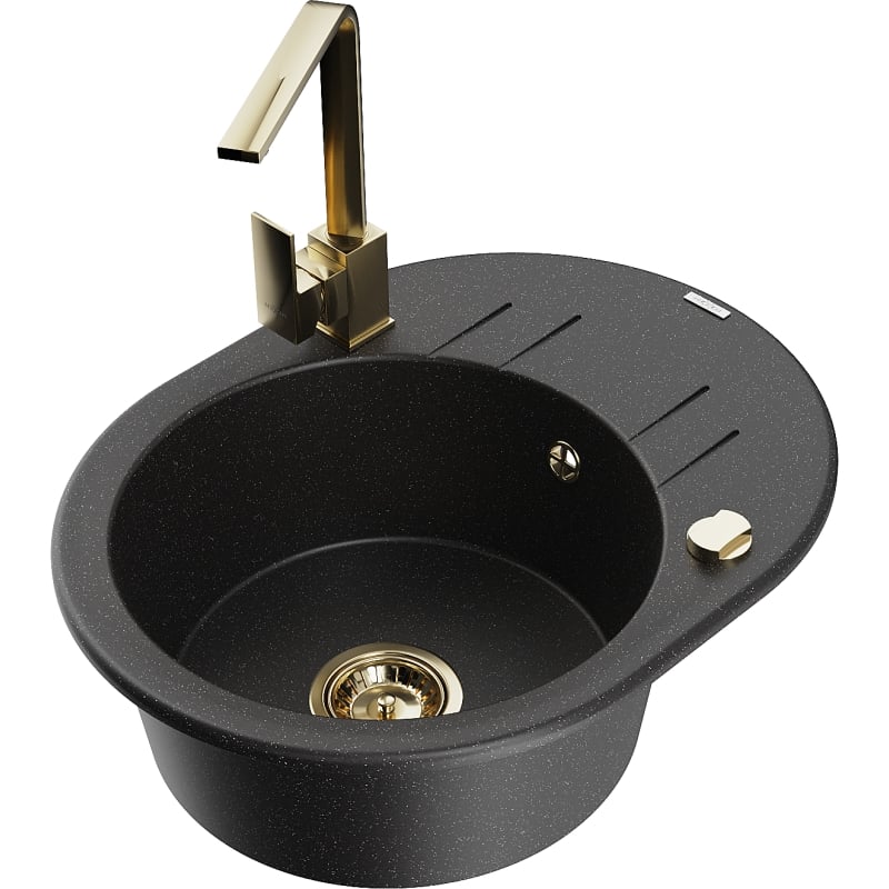 Mexen Kevin granite sink 1-bowl with drainer and kitchen faucet Rita, black/silver - 6517-73-670300-50