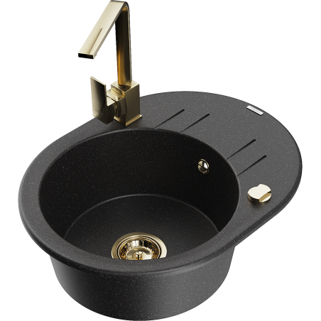 Mexen Kevin 1-bowl granite sink with drainer and Rita kitchen tap, black/silver - 6517-73-670300-50