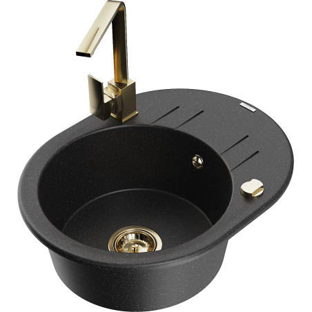 Mexen Kevin 1-compartment granite sink with a drip tray and kitchen mixer tap Rita, Black/Silver - 6517-73-670300-50