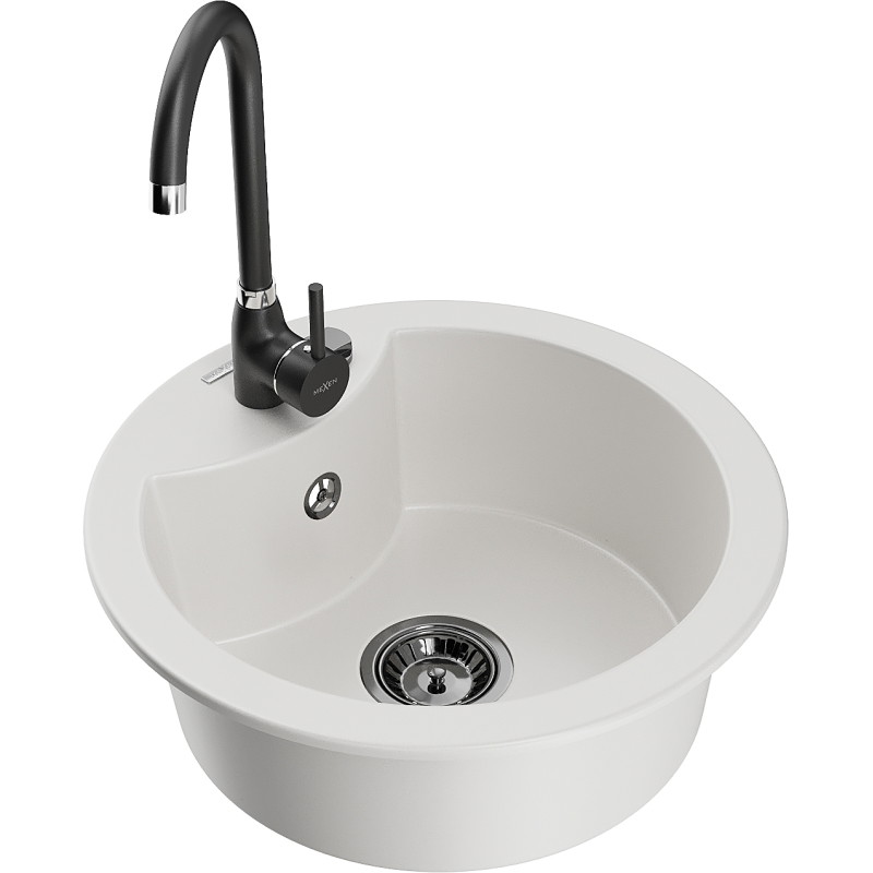 Mexen Diego 1-bowl Granite Sink with Telma Kitchen Faucet, White - 6512-20-670200-70