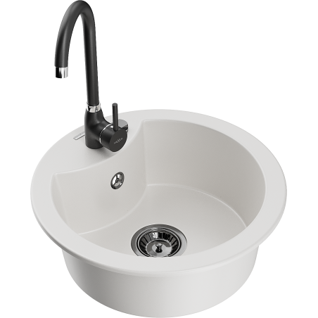 Mexen Diego granite kitchen sink with 1 bowl and Telma kitchen faucet, white - 6512-20-670200-70