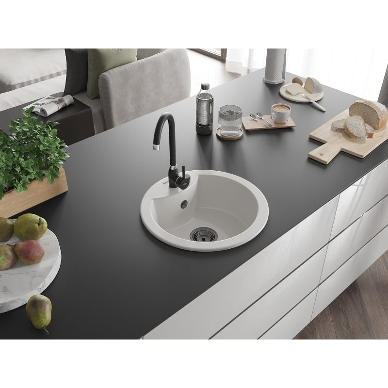 Mexen Diego granite kitchen sink with 1 bowl and Telma kitchen faucet, white - 6512-20-670200-70