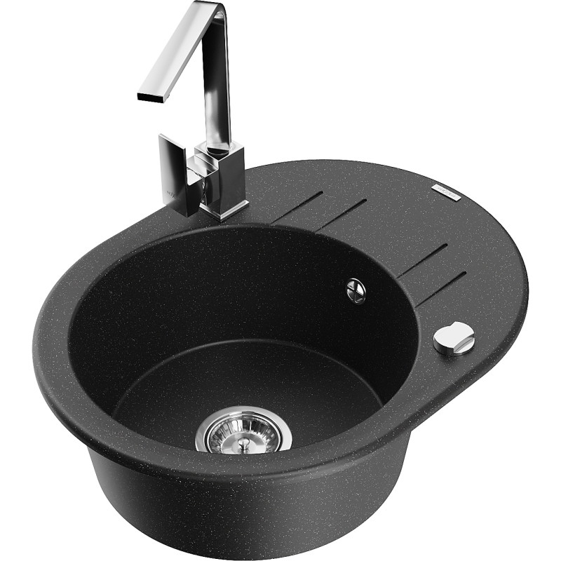 Mexen Kevin granite single-bowl sink with drainer and kitchen faucet Rita, black/silver - 6517-73-670300-00